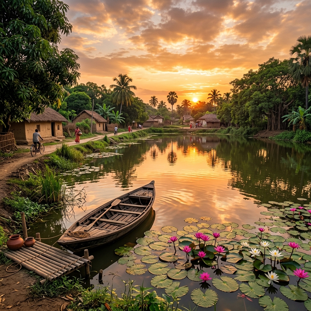 Bengali pond at golden hour with lotus flowers and a wooden boat