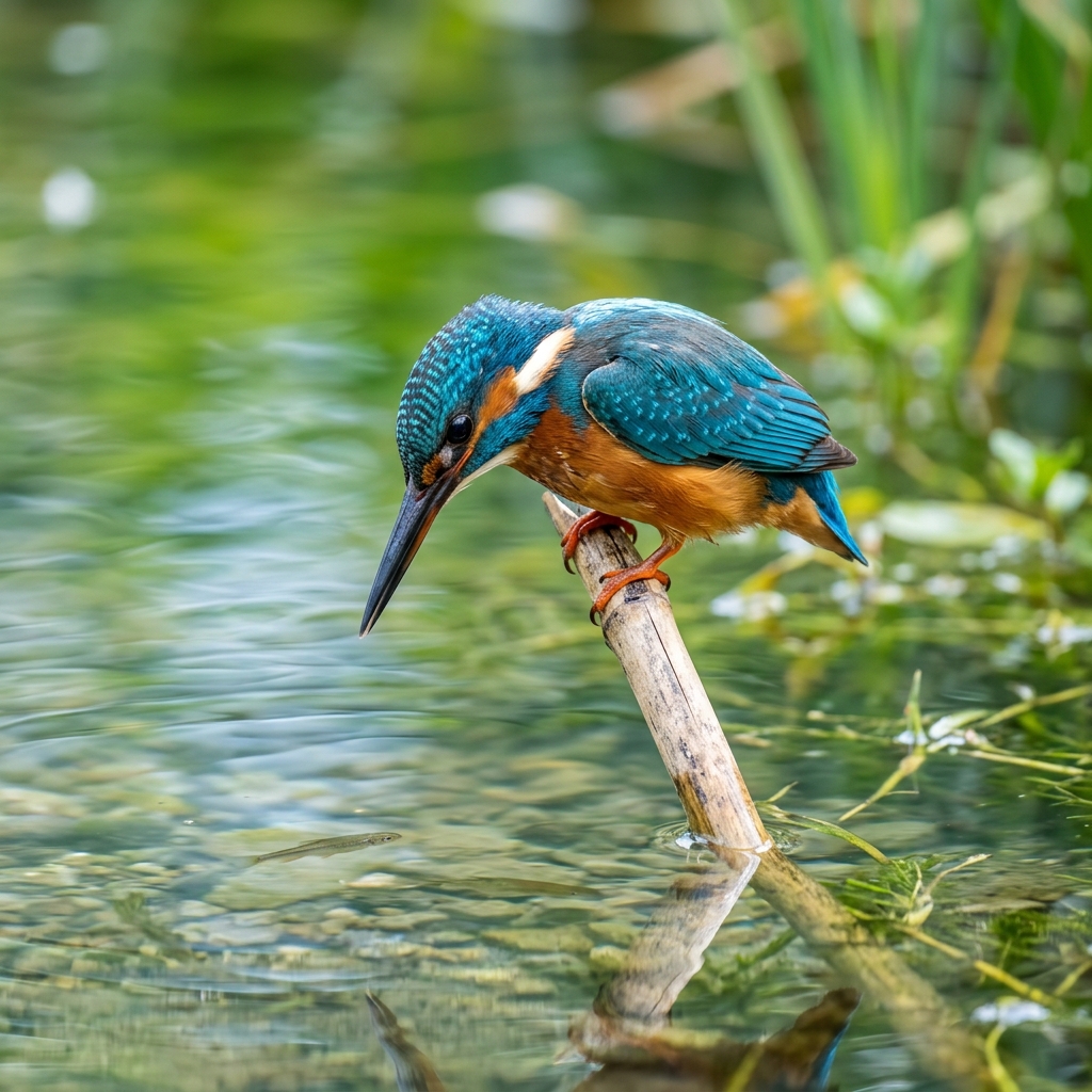 Vibrant kingfisher bird perched above a clear pond