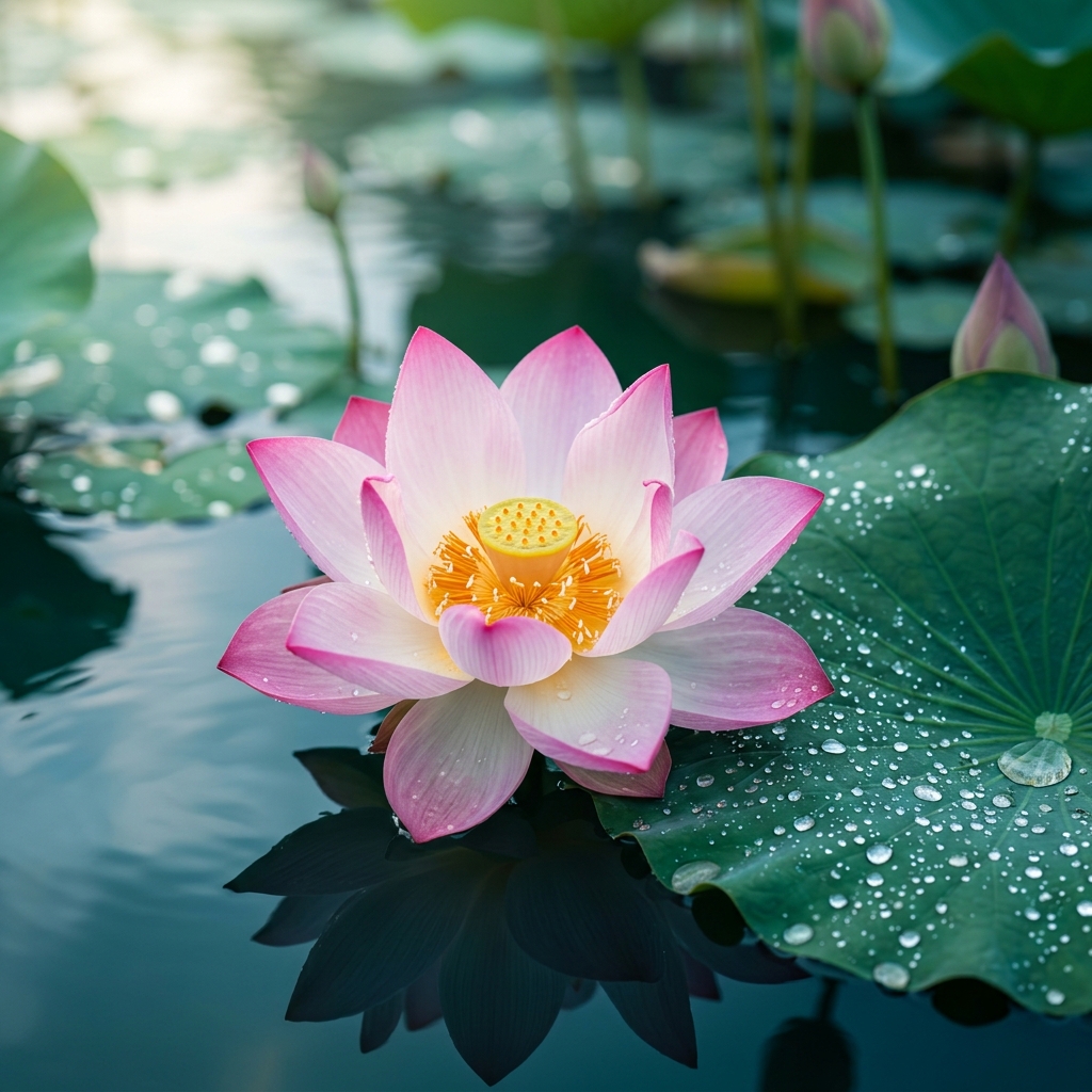 Beautiful lotus flower blooming on a pond