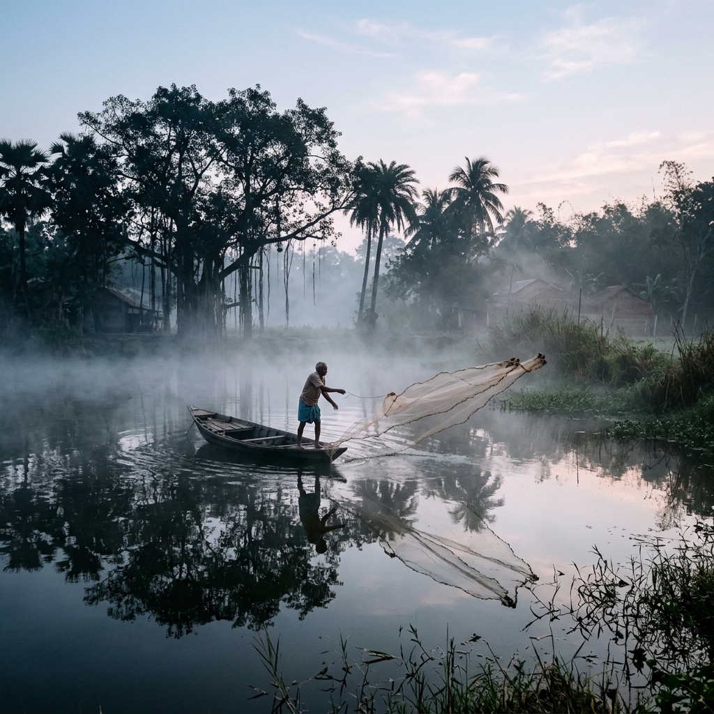 A fisherman casting his net in a misty Bengali pond at dawn