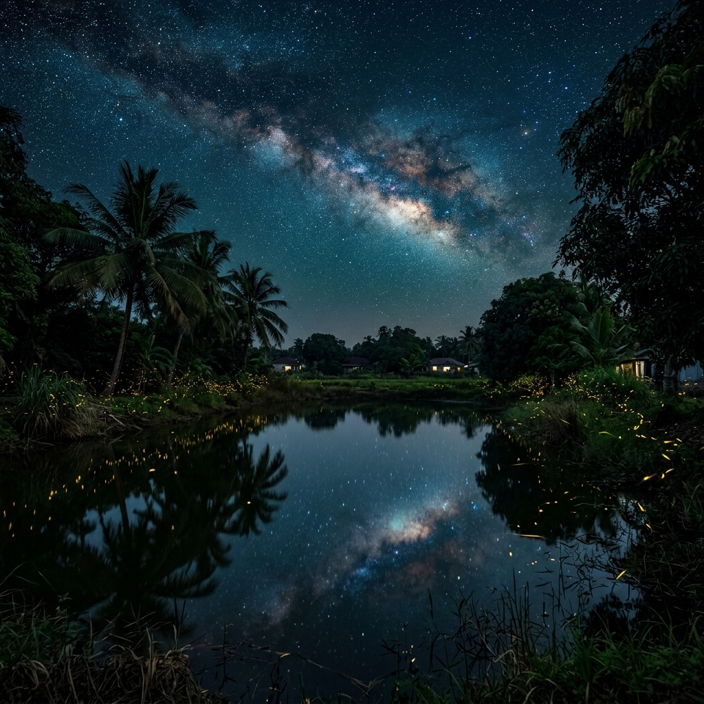Milky Way reflected in a calm Bengali village pond at night