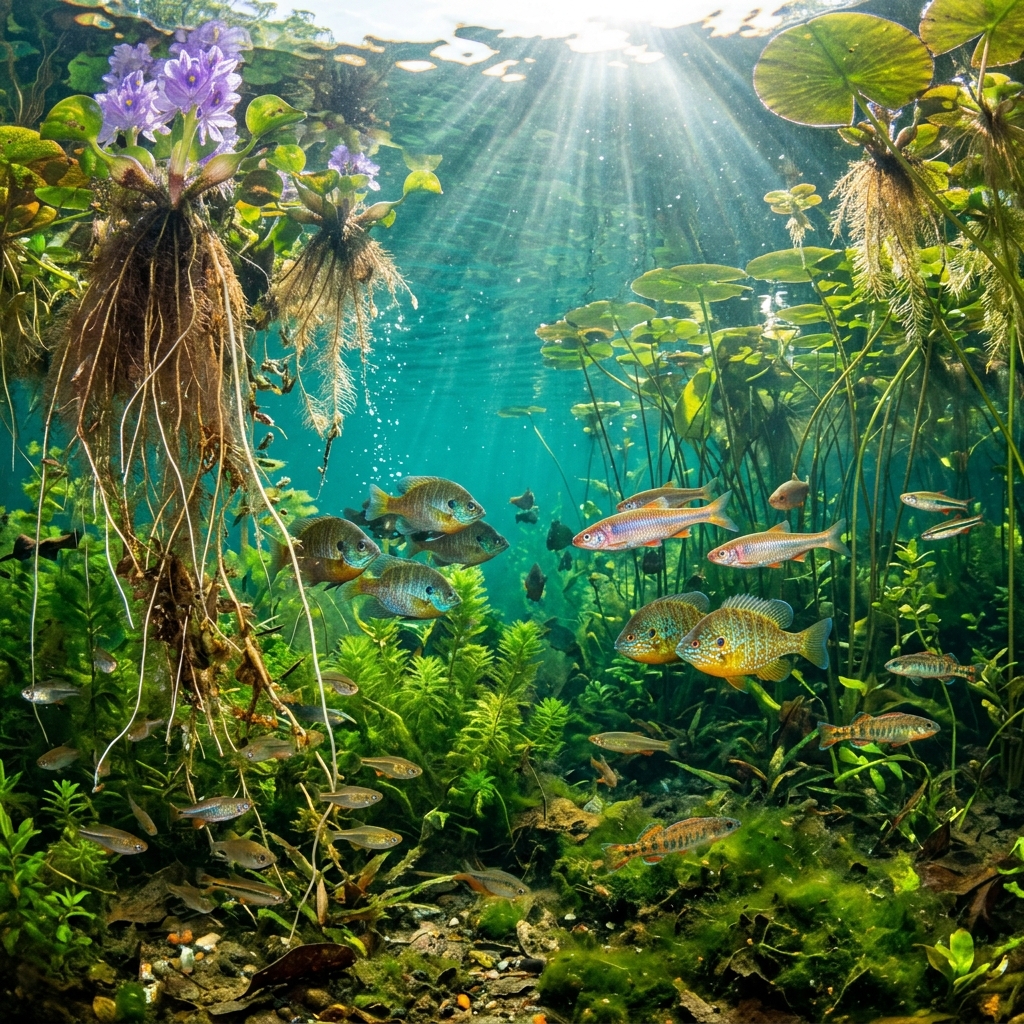 Underwater pond life with aquatic plants and fish